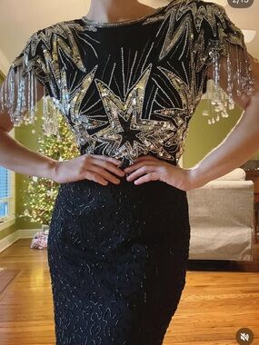 Laurence Kazar Black Beaded Fringe Evening Dress